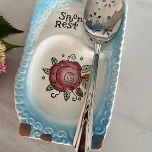Spoon Rest Vintage Ceramic Spoon Rest. Antique White with Blue and flowers. 1940/1950’s. Marked Japan.