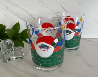 Vintage George’s Briard Santa Chimney Double Old Fashioned Christmas Glasses. Signed George’s Briard. Set of 2. 1960’s