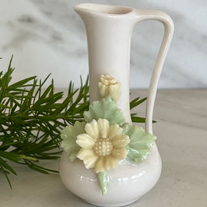 Miniature Porcelain Antique Vintage Vase with 3D Flower design. Marked on Bottom Japan.