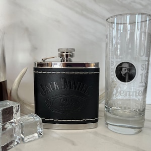 Vintage Jack Daniels Old No. 7 Whiskey Leather Hip Flask and Vintage Jacks Glass. Marked on Bottom Stainless Steel.