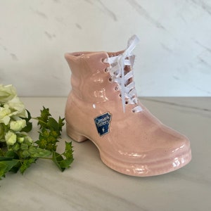 Pink Bootie Antique Vintage Camark  Pottery Pink Baby Bootie or Shoe Planter. Made in USA. Original Blue Sticker. 1940’s