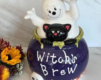 Halloween Ghost and Black Cat Vintage Ceramic “Witches Brew” Halloween Candy or Cookie Jar.  1990/2000. Marked David’s Cookies.