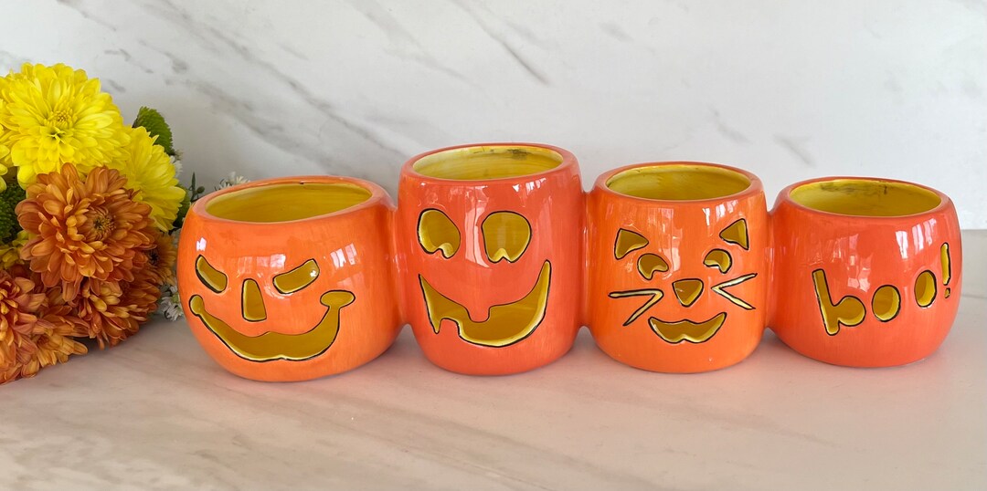 White Barn Candle Company Ceramic Tea Light Jack O Lanterns in a Row