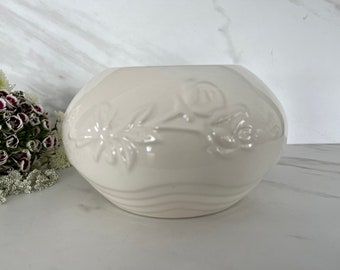 MCM White Round Planter with Embossed Roses. Marked FTD Portugal on bottom. 1960’s