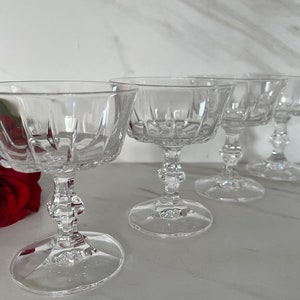 Vintage Classy And Sleek Stem Polished Heavy Crystal Cut Coupe or Champagne Glasses. 1980’s. Set of Four.