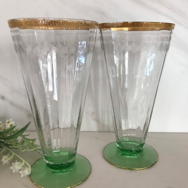 Uranium Glass Antique Tiffin Green Uranium Depression Champagne, Dessert or Parfait Glass Optic Etched Scroll Gold Gilt. 1920/1930’s.