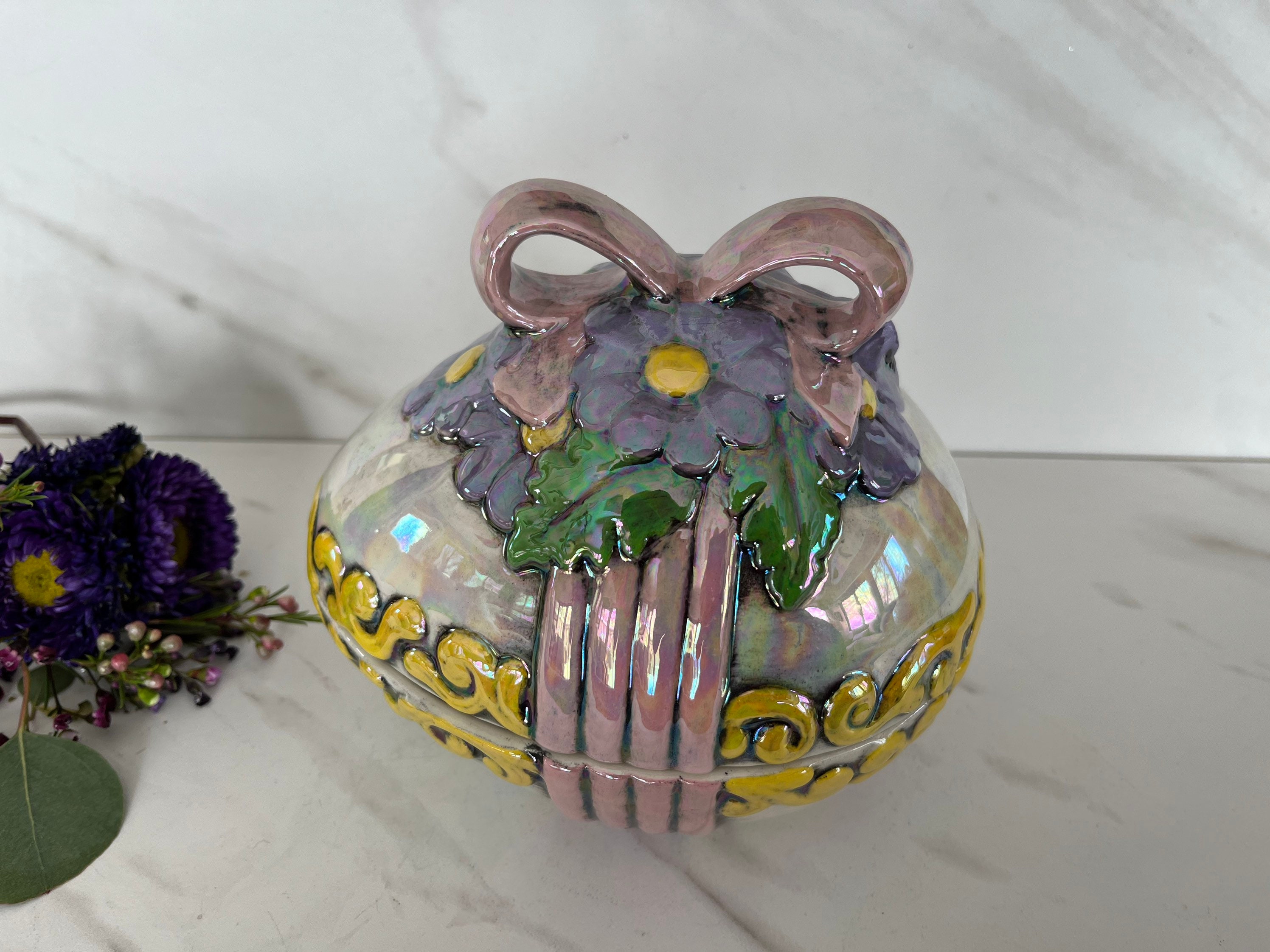 Ceramic Hand Painted Iridescent Covered Easter Egg Candy Dish Etsy