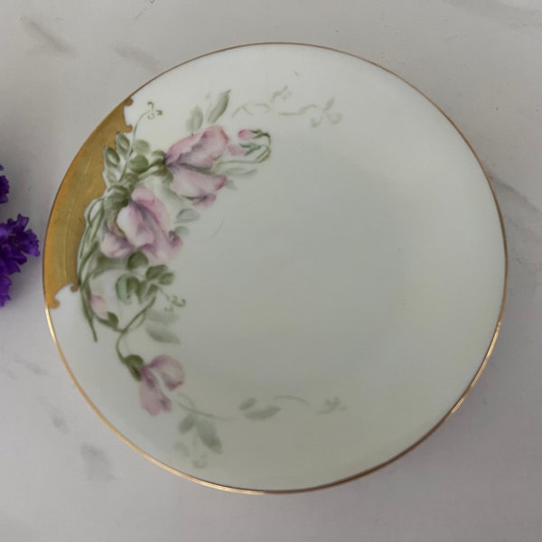 Antique Bavarian China Hand Painted Decorative Plate with Pink Flowers and 22kt gold trim 1930/1940’s