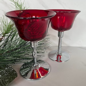 Rare Antique Vintage Red Glass Cup with Stainless Chrome Stem Bottom. Set of Two.