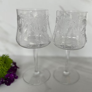 Cambridge Crystal Wine, Brandy or Water Goblets. Optic Etched Bleeding Hearts “Marjorie”. Art Deco Cambridge Glass Co. 1924 Set of Two.