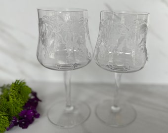 Cambridge Crystal Wine, Brandy or Water Goblets. Optic Etched Bleeding Hearts “Marjorie”. Art Deco Cambridge Glass Co. 1924 Set of Two.