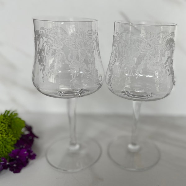 Cambridge Crystal Wine, Brandy or Water Goblets. Optic Etched Bleeding Hearts “Marjorie”. Art Deco Cambridge Glass Co. 1920’s Set of Two.