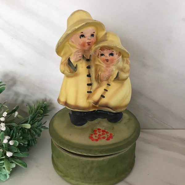 Vintage Ceramic Bisque “Rain Drops” Music Box. Plays Raindrops keep falling on my head. 1970. Original Sticker on bottom. Made in Japan.