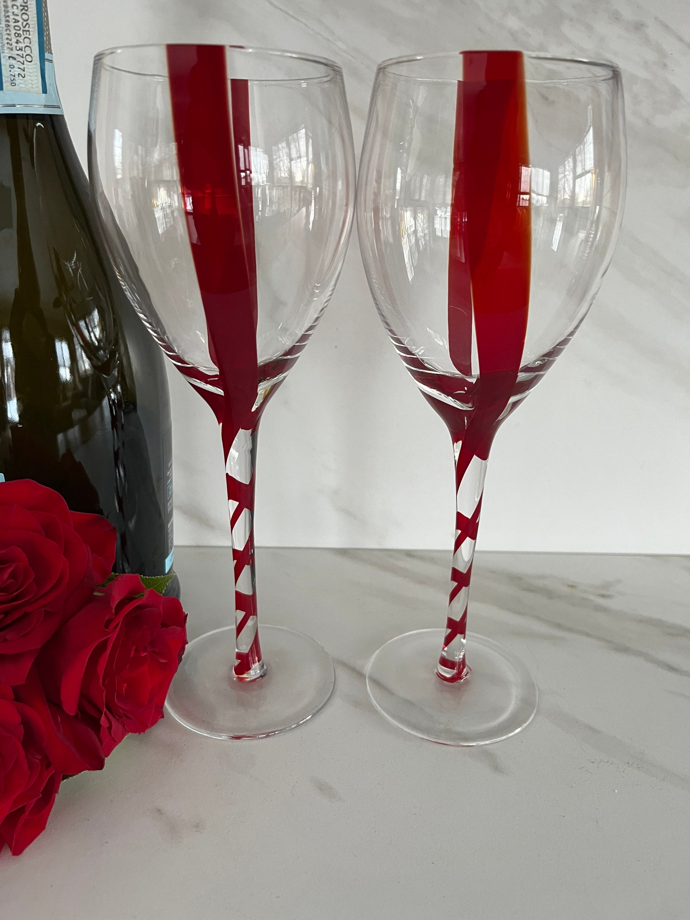 Pier 1 Wine Glasses / Candy Ribbon Wine Glasses / Red Green White Ribbon  Swirl Stem / Vintage Wine Glasses / Pier 1 Blown Glass Wine Glasses 