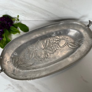 MCM Aluminum Vintage Everlast Hand Wrought Aluminum Serving Dish with Basket Handle and Fruit Motif. Makers mark on bottom. 1950’s