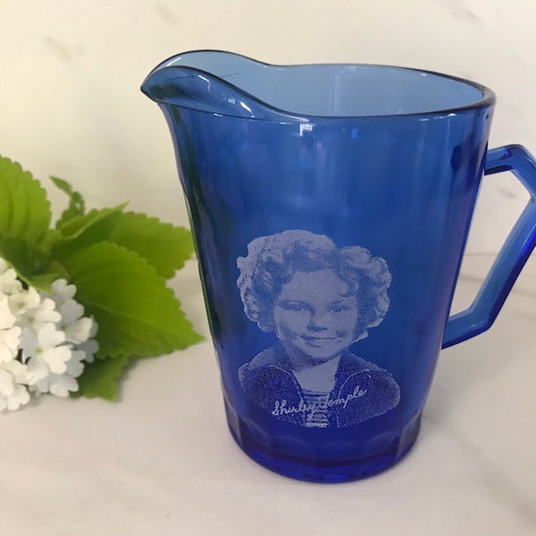 Antique Hazel Atlas Shirley Temple Cobalt Blue Glass Small Childs Milk Pitcher For Cereal. General Mills Advertising Promos 1930’s