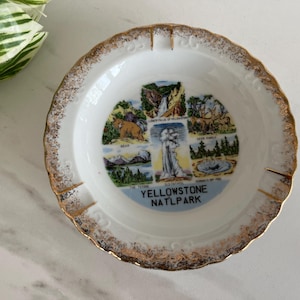 Yellowstone National Park Vintage Souvenir Candy Dish Collectible Plate. Porcelain gold trim. Original Tag. Made in Japan 1950’s