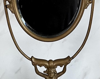 Antique Art Nouveau Gold Metal Figural Mirror. Lady Holding Beleved Oval Mirror.