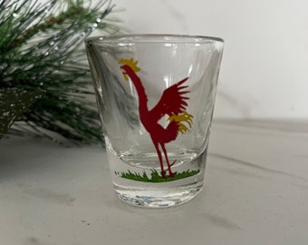 Vintage Red Crowing Rooster Shot Glass MCM. Unmarked Federal Glass 1950’s