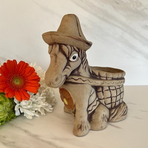 Mule or Donkey with Sombero and Cart White Clay Vintage Planter 1970’s