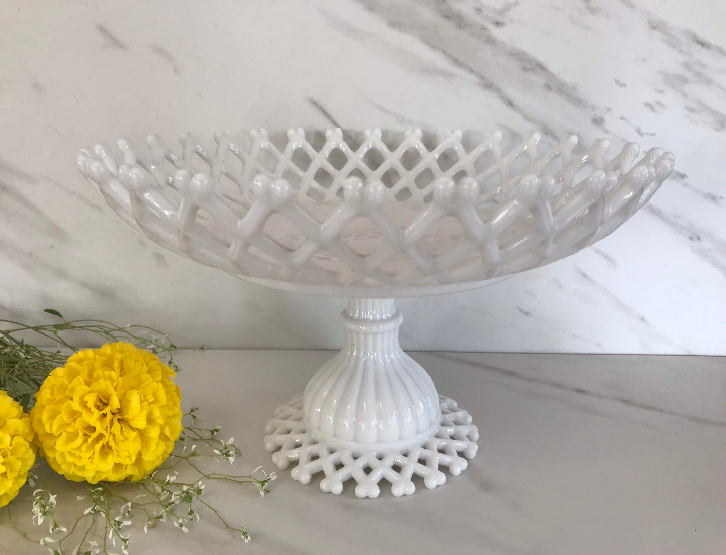 Antique Westmoreland Glass open Lattice Milk Glass Fruit Compote Bowl . Marked on bottom WG. Made in the USA 1950’s.