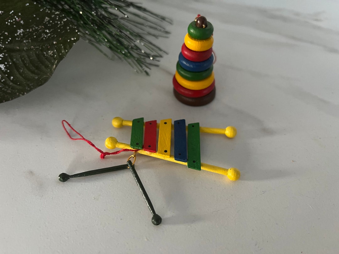 Midwest Miniature Toy Xylophone and Stack Ring Wooden Ornaments. 1980s
