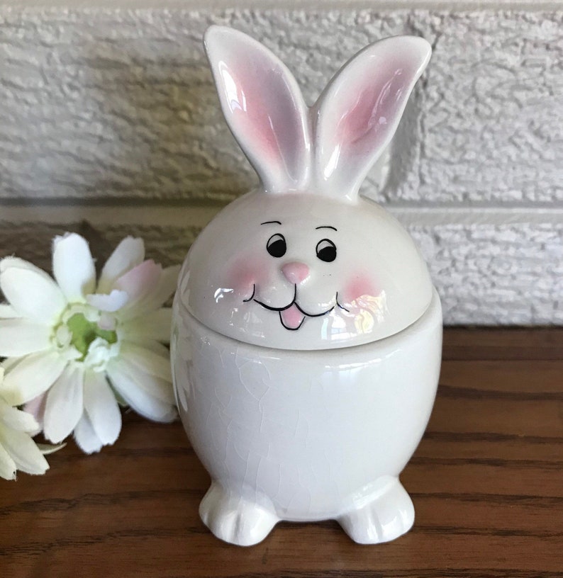 Miniature Vintage Ceramic Egg Shaped Bunny Figurine Dish Midwest Trading Co 1990\u2019s