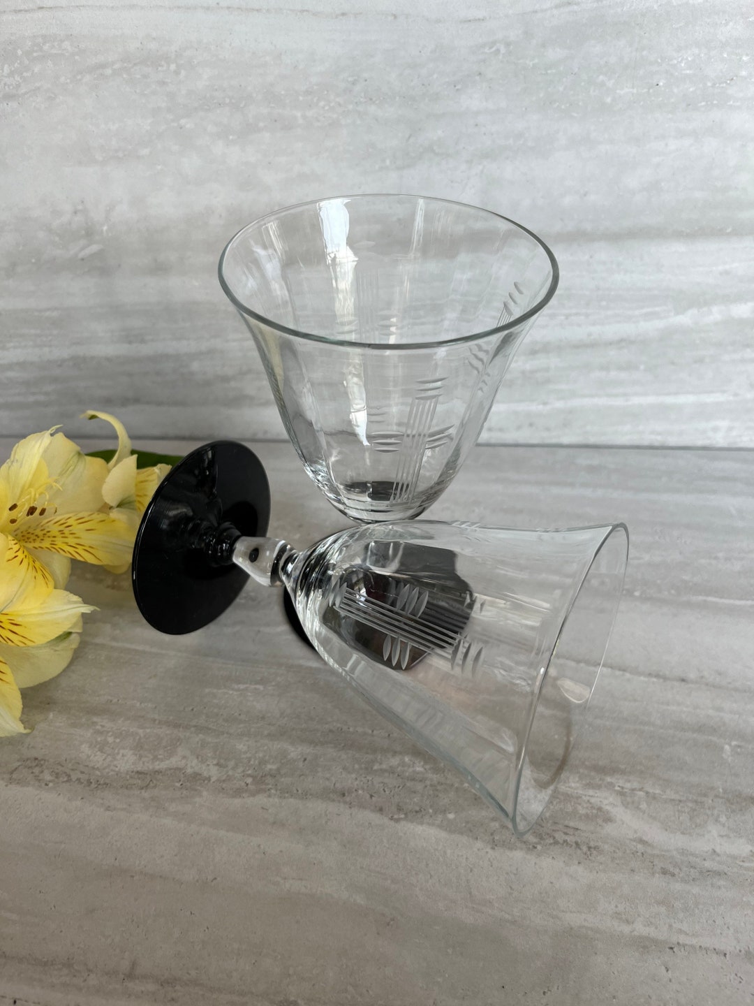 Vintage Etched Glass Black Stem Glasses. Set of Two. 1990s Etsy