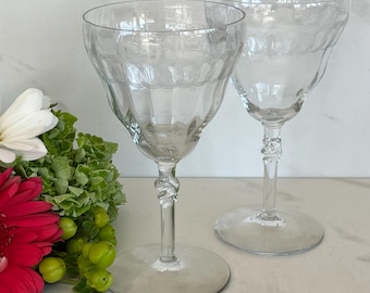 Classic Vintage Crystal Champagne Wine Glasses with Etched Orchids Rings and Beautiful Ornate Stem. Set of Two.