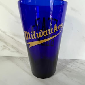 Rare Milwaukee Vintage Souvenir Cobalt Blue Beer Glass with Gold Letters “Fear The Beer”