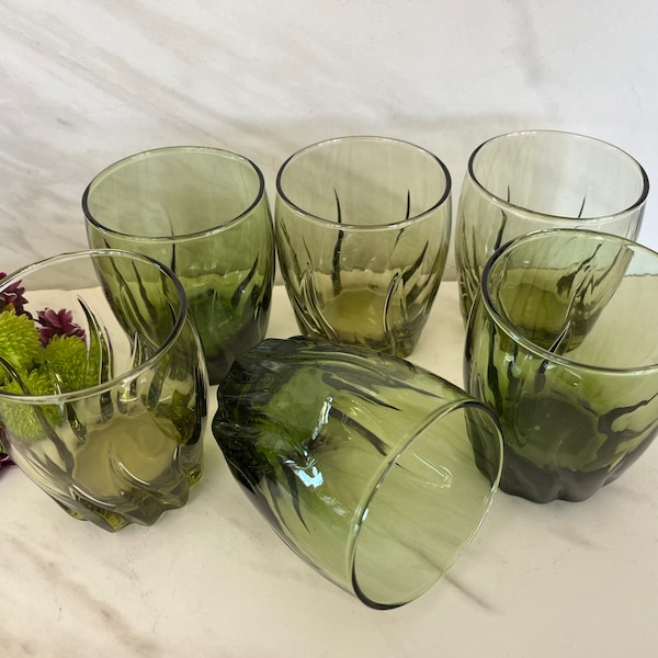Anchor Hocking Vintage Green Drinking Glasses or Low Ball Glasses. Set of Six. 1970’s