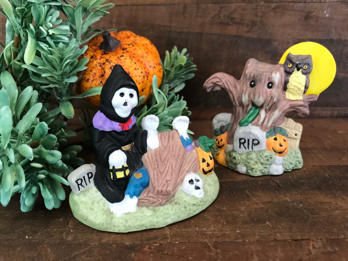 Vintage Ceramic Bisque Halloween Village Graveyard Figurines. Etsy