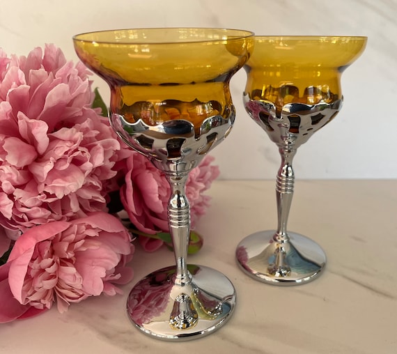 Antique Art Deco Art Nouveau Faberware-Morgantown Chrome with Gold Glass Cups. Martini Liqueur, Port or Aperitif.  Faber Bros. NYC. Set of 2