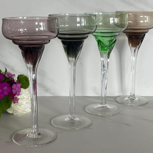 Vintage Tall Flower Stem Colored Crystal Cordials, Aperitif or Liqueur Glasses. Hand Blown 1990’s Set of Four
