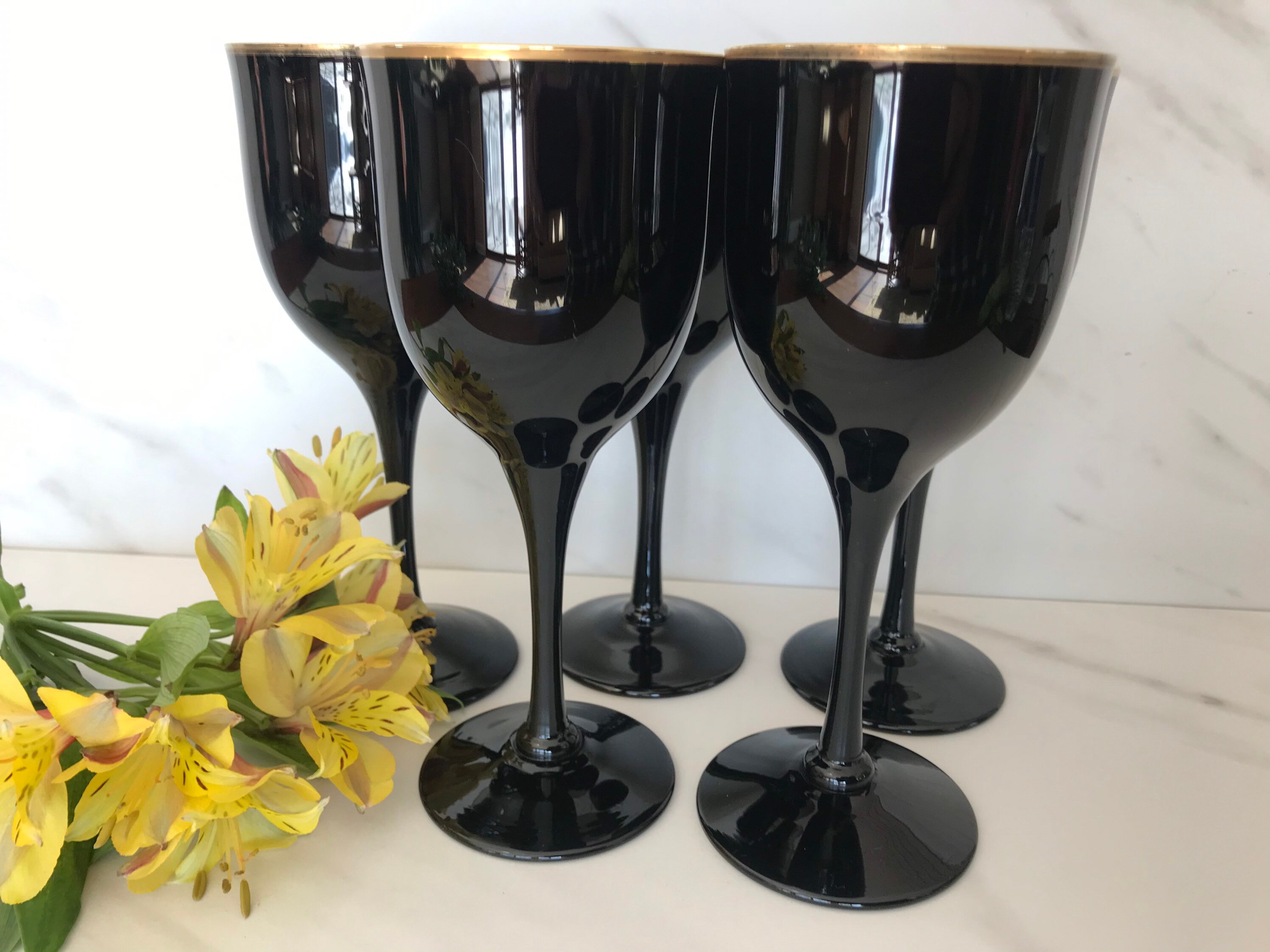 Vintage Noritake Crystal Black Ebony Glod Rimmed Wine Glasses Etsy