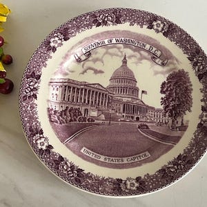 May include: A decorative plate featuring a purple and white design with the United States Capitol building and the text "Souvenir of Washington, D.C." and "United States Capitol". The plate has a floral border.