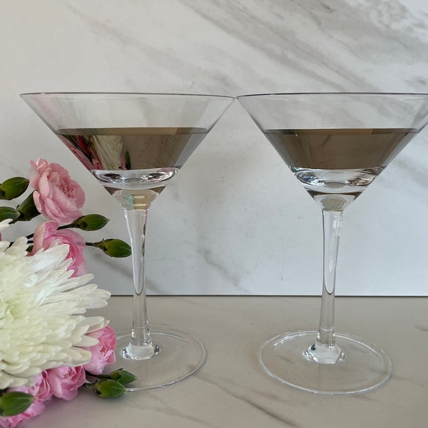 Crystal Martini Cocktail Glasses with Silver Etched Cut Band. Set of 2. 1990’s