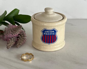 Union Pacific Railroad Personal Covered Sugar Bowl. Souvenir Covered Jar. Read Size in Listing.