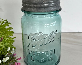 Antique Vintage Ball Blue Green Glass Perfect Mason Jar with Zinc Lid. Marked “Perfect” # 8 on Bottom.