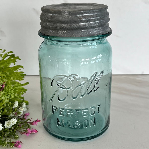 Antique Vintage Ball Blue Green Glass Perfect Mason Jar with Zinc Lid. Marked “Perfect” # 8 on Bottom.