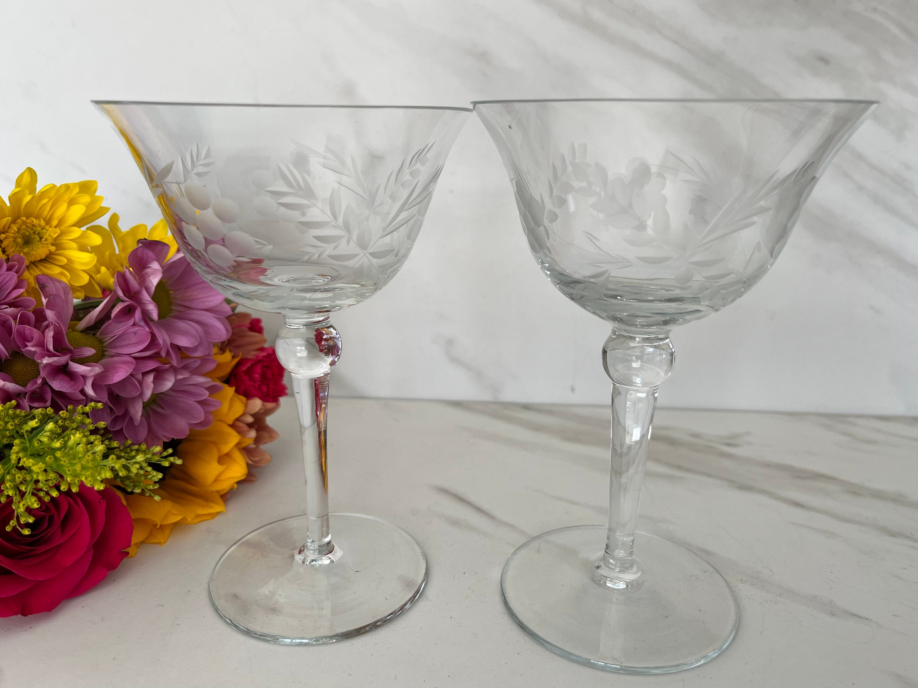 Set of 2 Etched Champagne Coupe Glasses Floral Wheat Dot Pattern 4 Ounce  4.5”