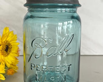 Antique Vintage Ball Blue Green Glass Perfect Mason Jar with Zinc Lid. Marked “Perfect” # 9 on Bottom.
