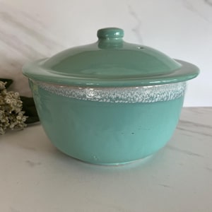Peut inclure: Un saladier en céramique turquoise avec un couvercle assorti. Le bol a une bande blanche mouchetée autour du bord. Le couvercle a un petit bouton et un trou d'aération. Le bol est sur une surface blanche avec des fleurs jaunes en arrière-plan.