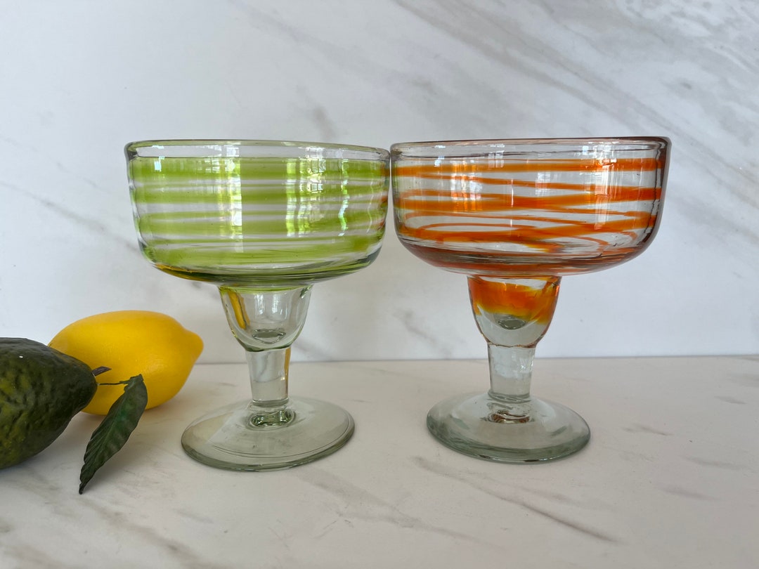 Margarita Glasses Hand Blown Green and Orange Swirl Cup Etsy