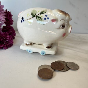 Vintage Enesco Ceramic Piggy Bank: White Floral Miniature, 1970s