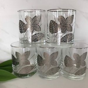 Vintage Libbey Silver Foliage Low Ball Whiskey Rock Low Ball Glasses with Platinum Rim Marked with Libbey”L” Set of Five. 1960’s