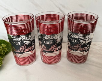 Hazel Atlas Glass Vintage Black and Red Stagecoach and Horse Glasses, Lowball Glasses. 1950/1960’s Made in USA.