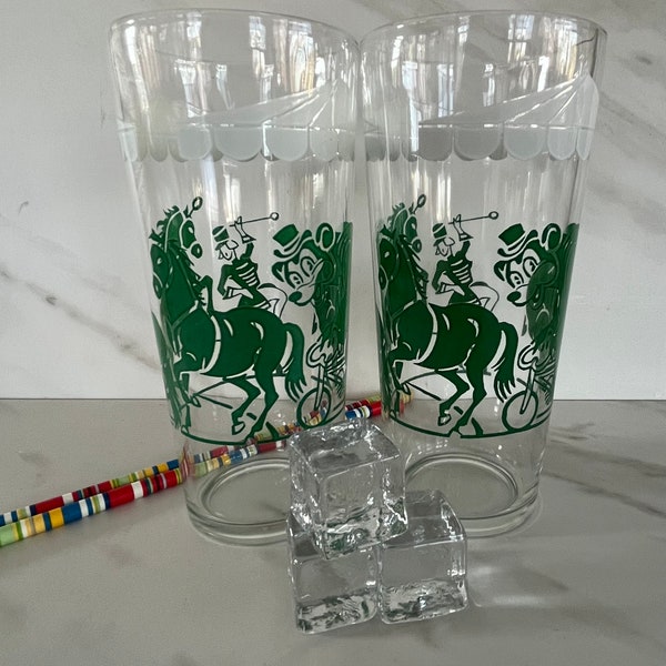 Circus Big Top Vintage Glasses. Collectible Circus Theme Dancing Bear and Horses. Peanut Butter Jelly Glass Jar. 1960’s Bartlett Collins.
