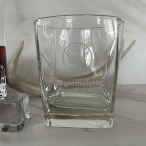 Jagermeister White Letter with Stag  “Jagermeister” Logo Rocks or Whiskey Glass. Advertising Promo 1990’s
