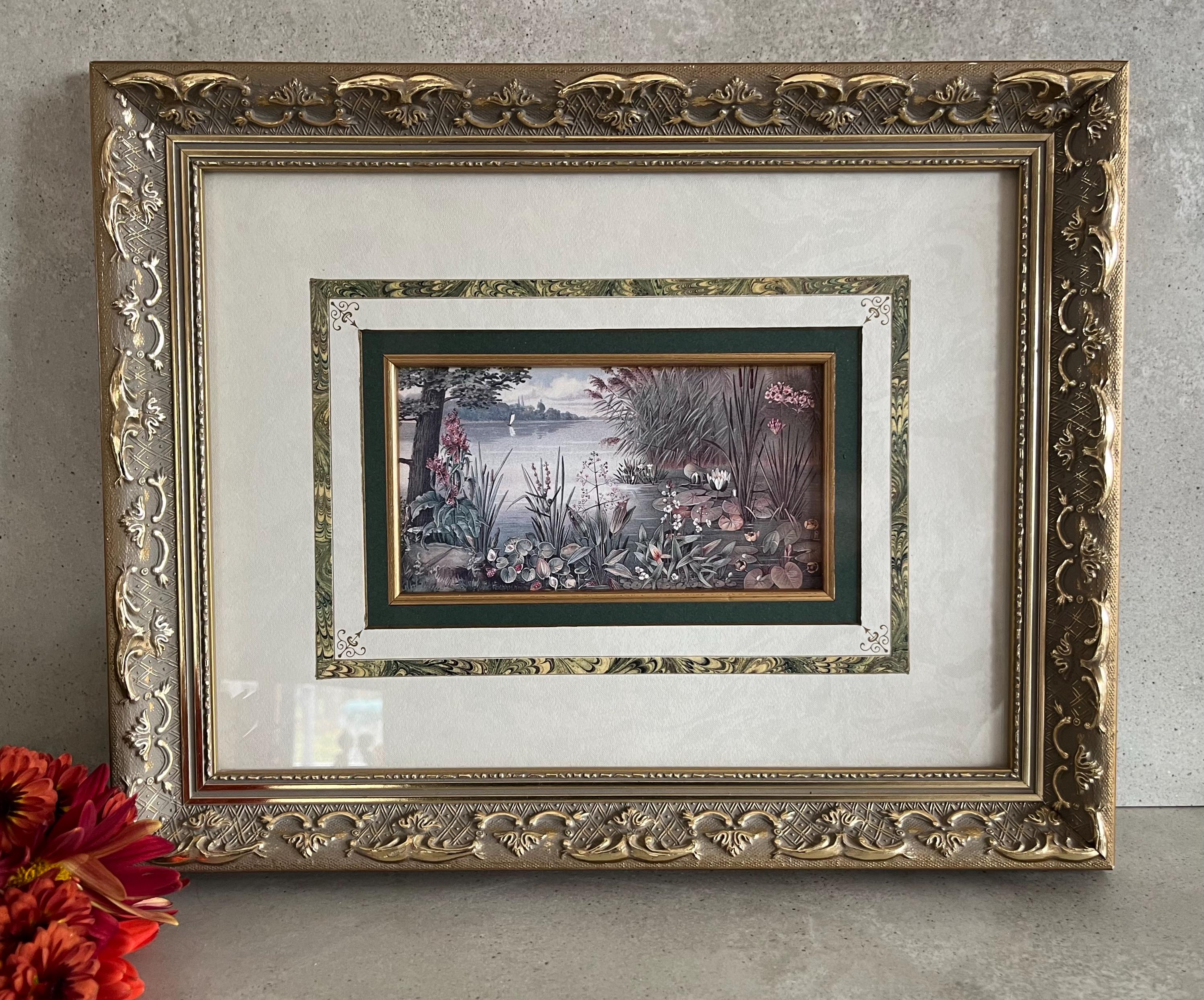 額装品/Lewis and Clark/ラッセル/アート/ポスター/インテリア Gold Framed Water Lily Print. Marked Crown Fine Arts North